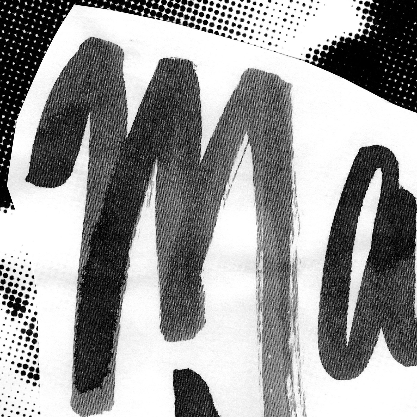 Detail: brush lettering on cut paper over a halftone portrait