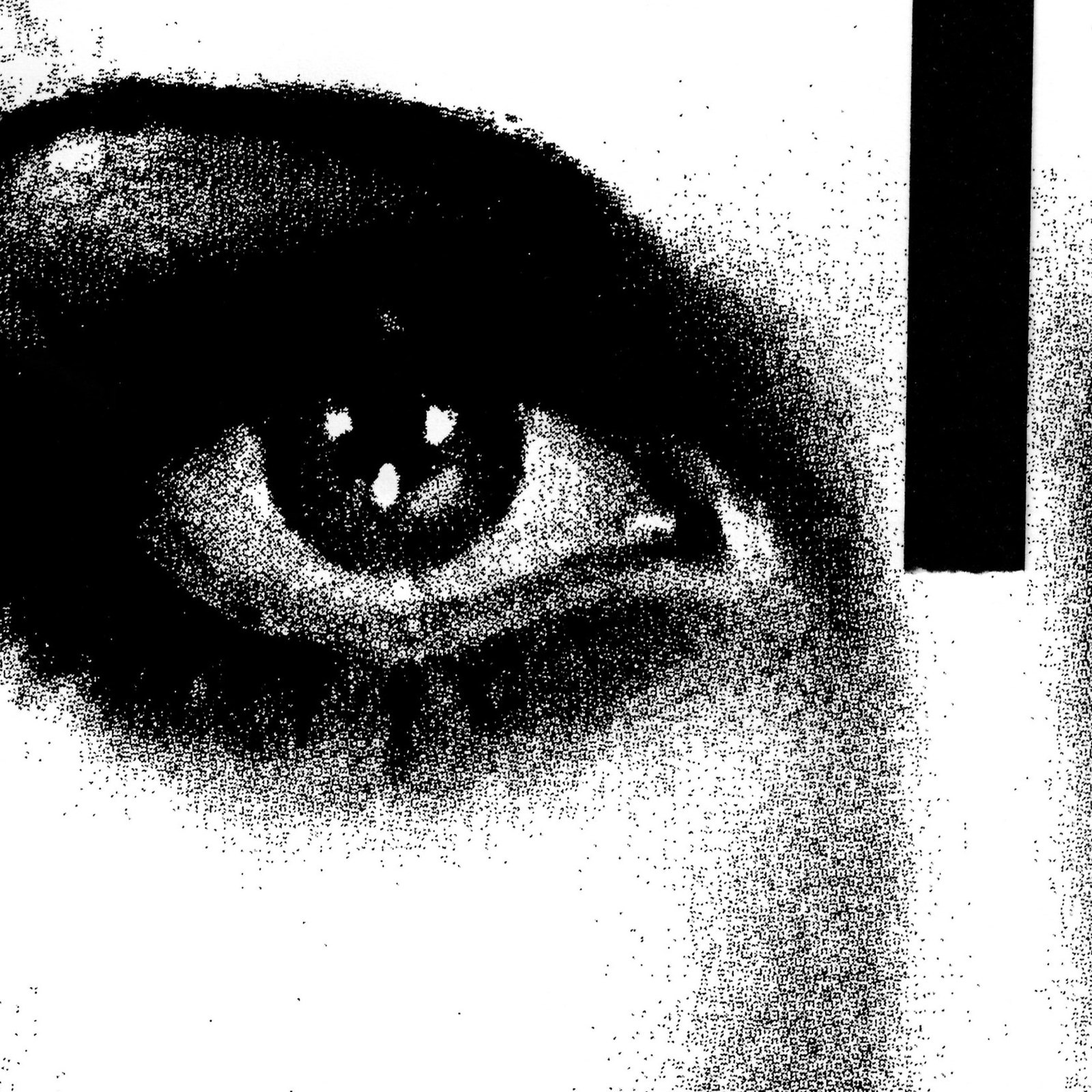 Detail: an eye in heavy copier grain, a black bar beside it