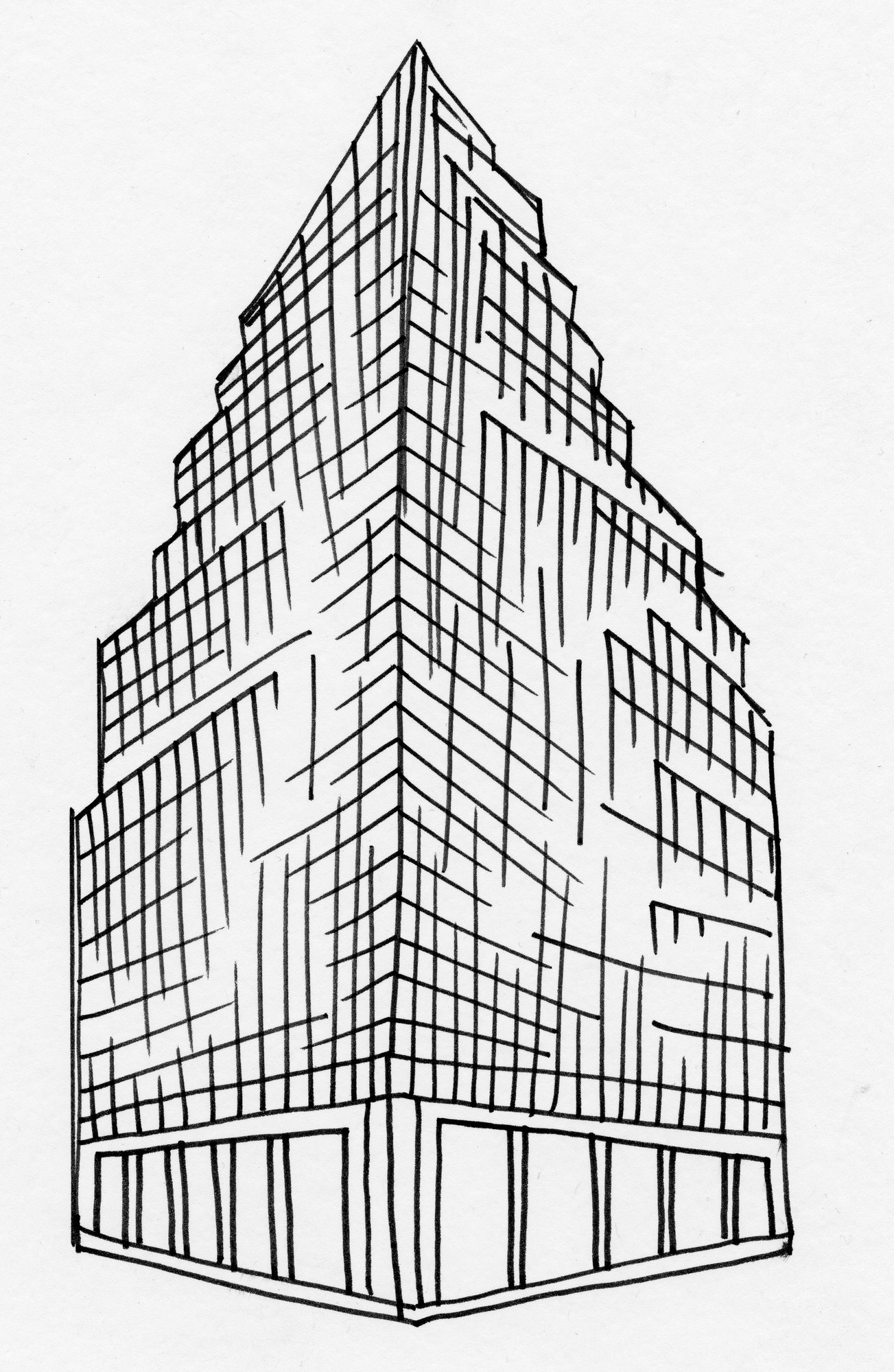 Ink drawing of the Madison building, hatched window by window, on white paper