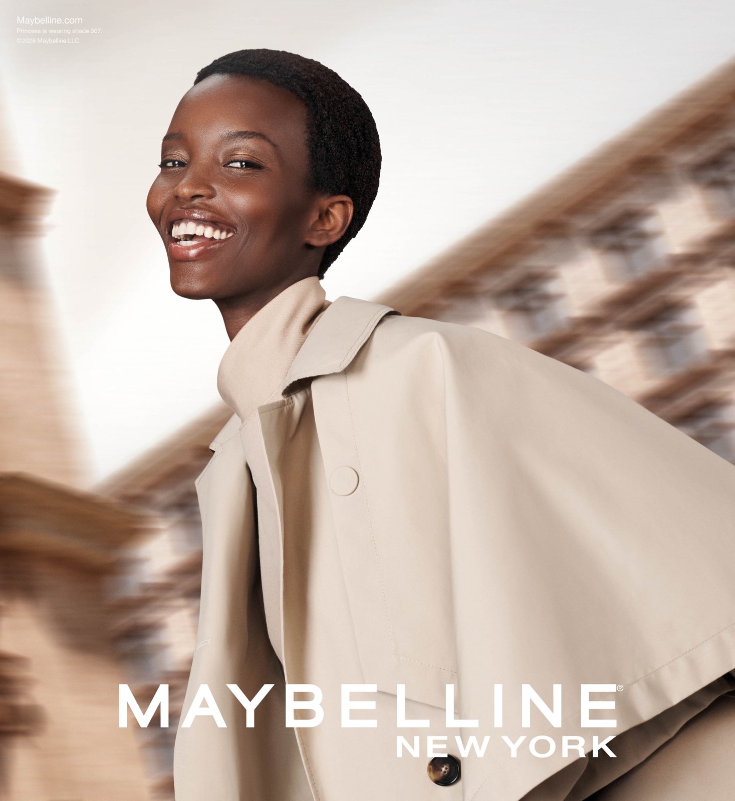 Final Lumi-Matte key visual: Princess in a beige trench, the city in motion behind her
