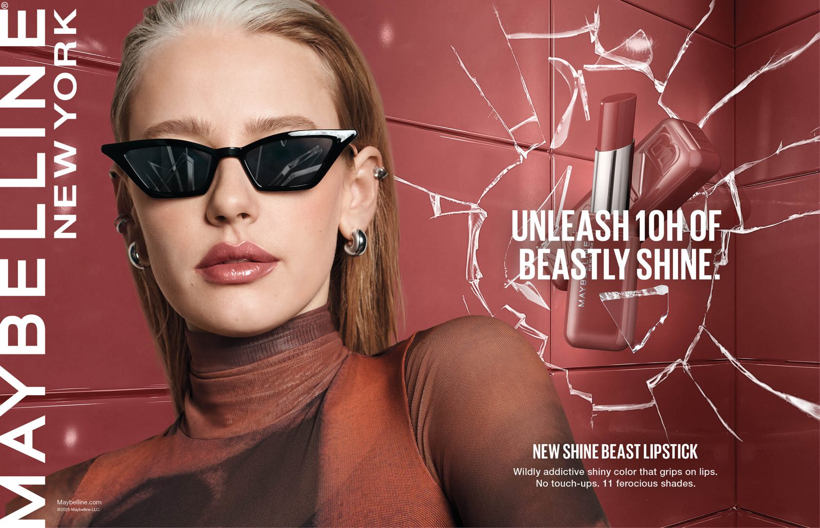 Shine Beast Lipstick point-of-sale with a model in sunglasses