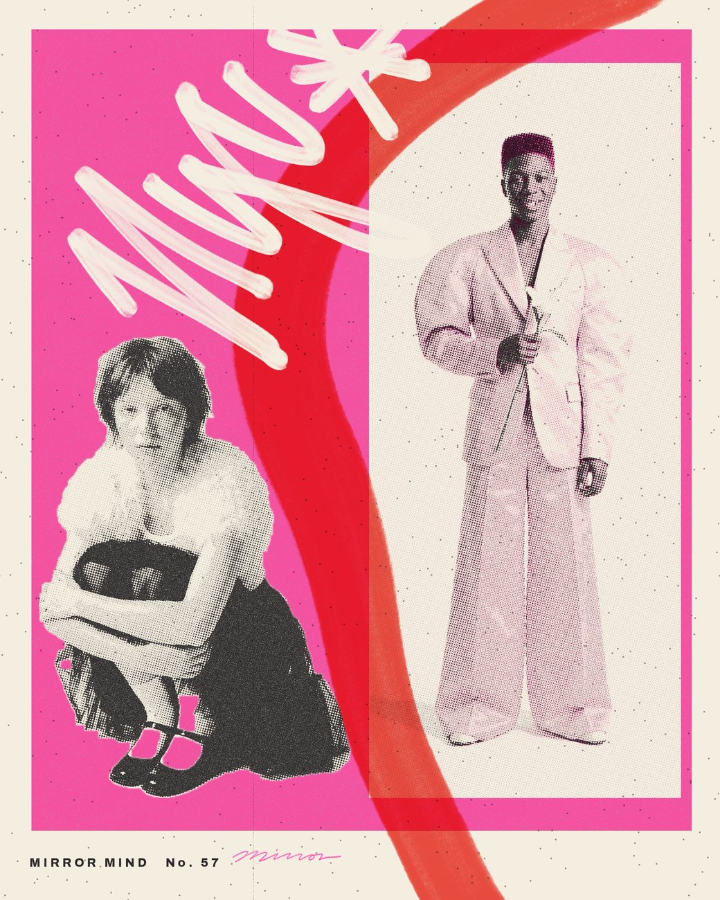 Mirror Mind, No. 57 drawn: NYC in white brush script over the pink, a red marker swoop, a signature
