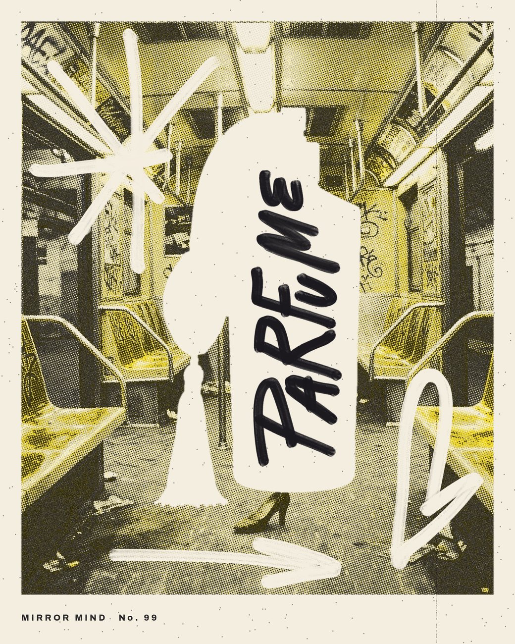 Mirror Mind, No. 99: a perfume bottle silhouette in a subway car, Parfume written inside it