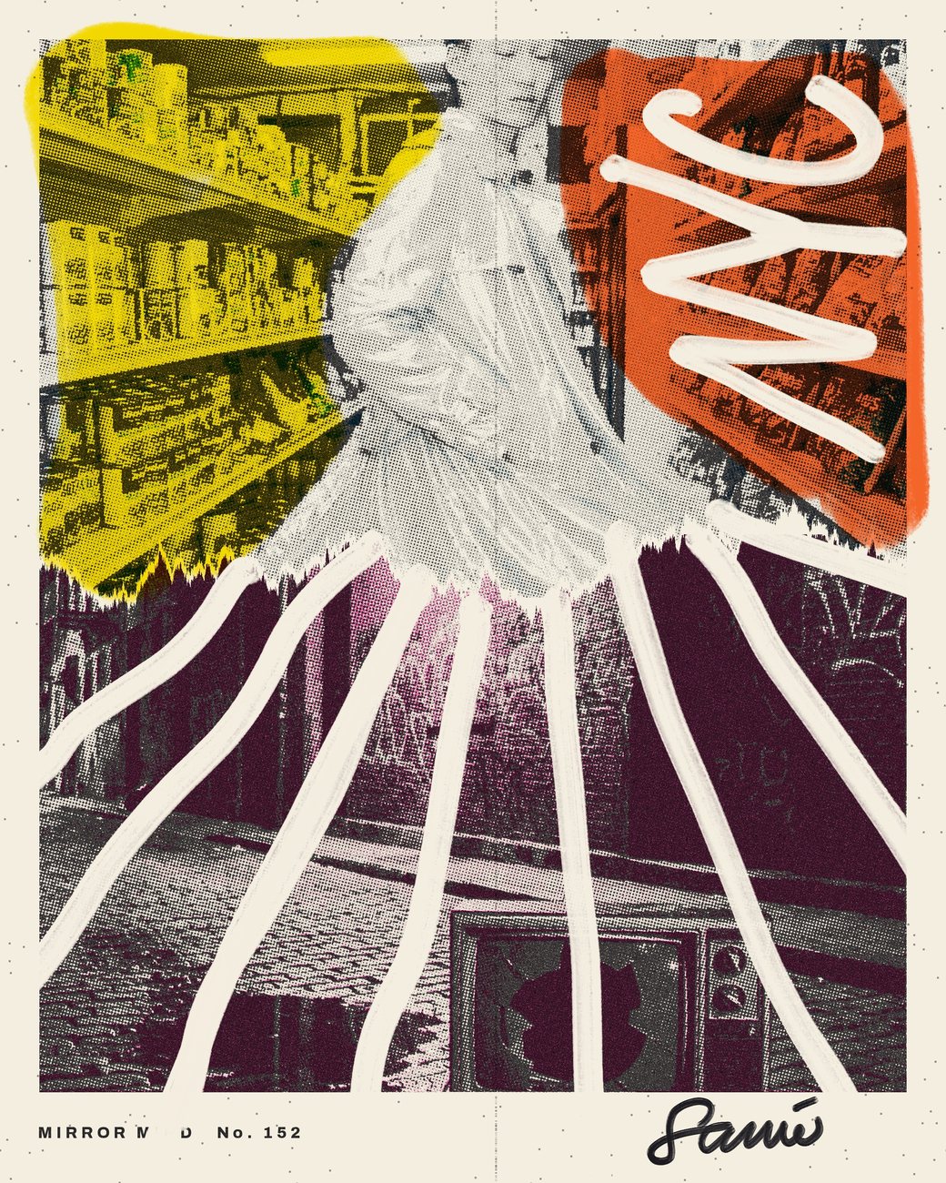 Mirror Mind, No. 152: a woman in a silver coat in a bodega aisle, NYC in white script, rays drawn down the street