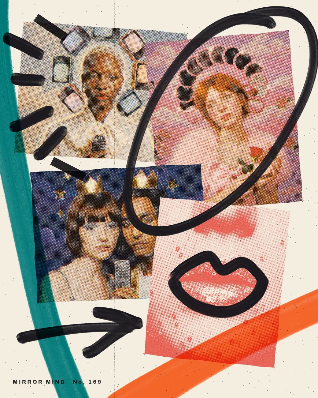 Mirror Mind, No. 169: the painted icons collaged, circled in black, a teal stroke and a drawn arrow and lips