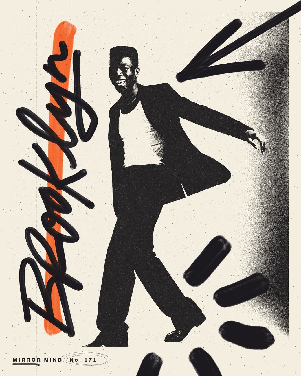 Mirror Mind, No. 171: a dancer in a black suit, Brooklyn in black brush script up the side, an arrow and marker dashes