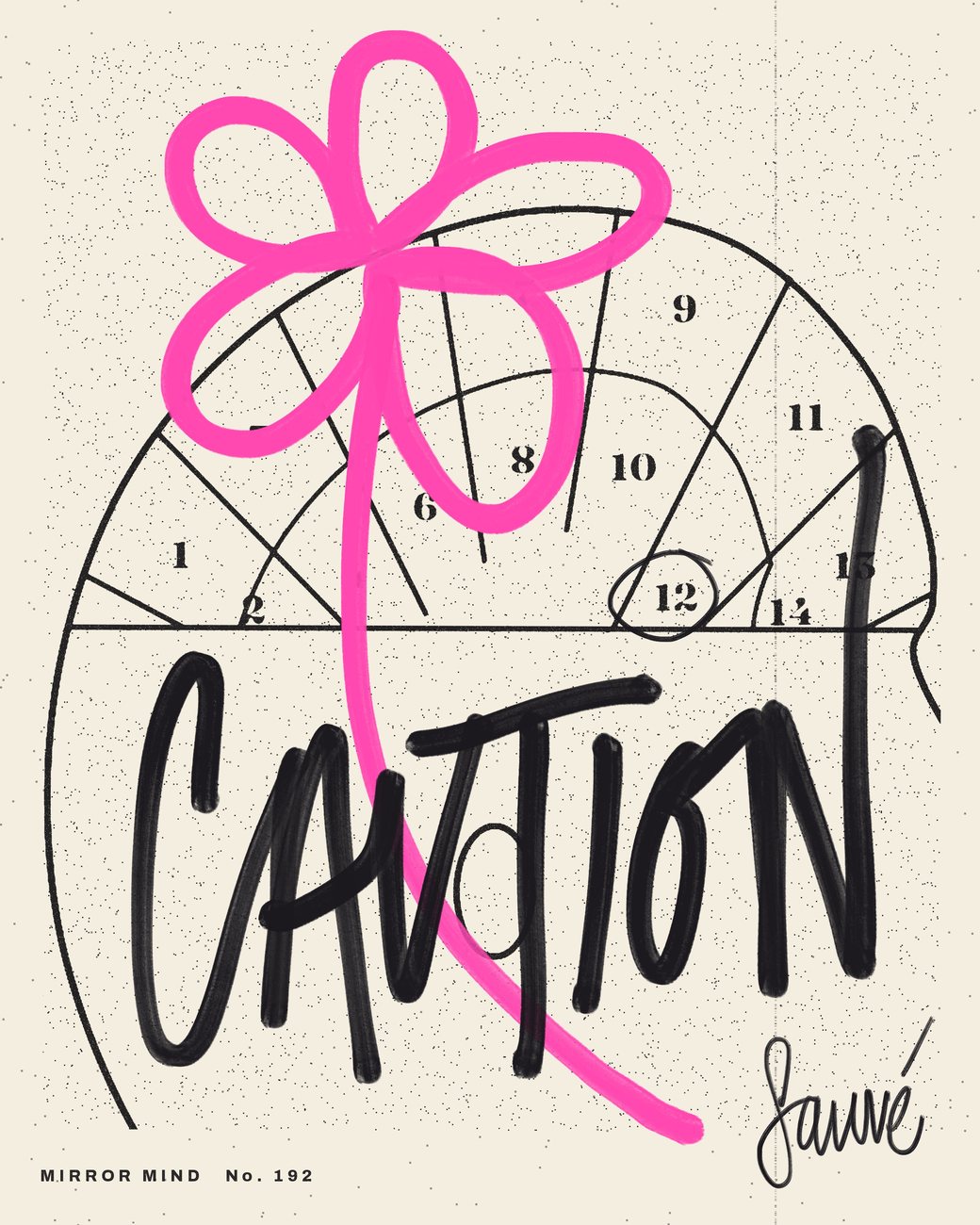 Mirror Mind, No. 192: a phrenology head, CAUTION in black brush script, a pink flower loop