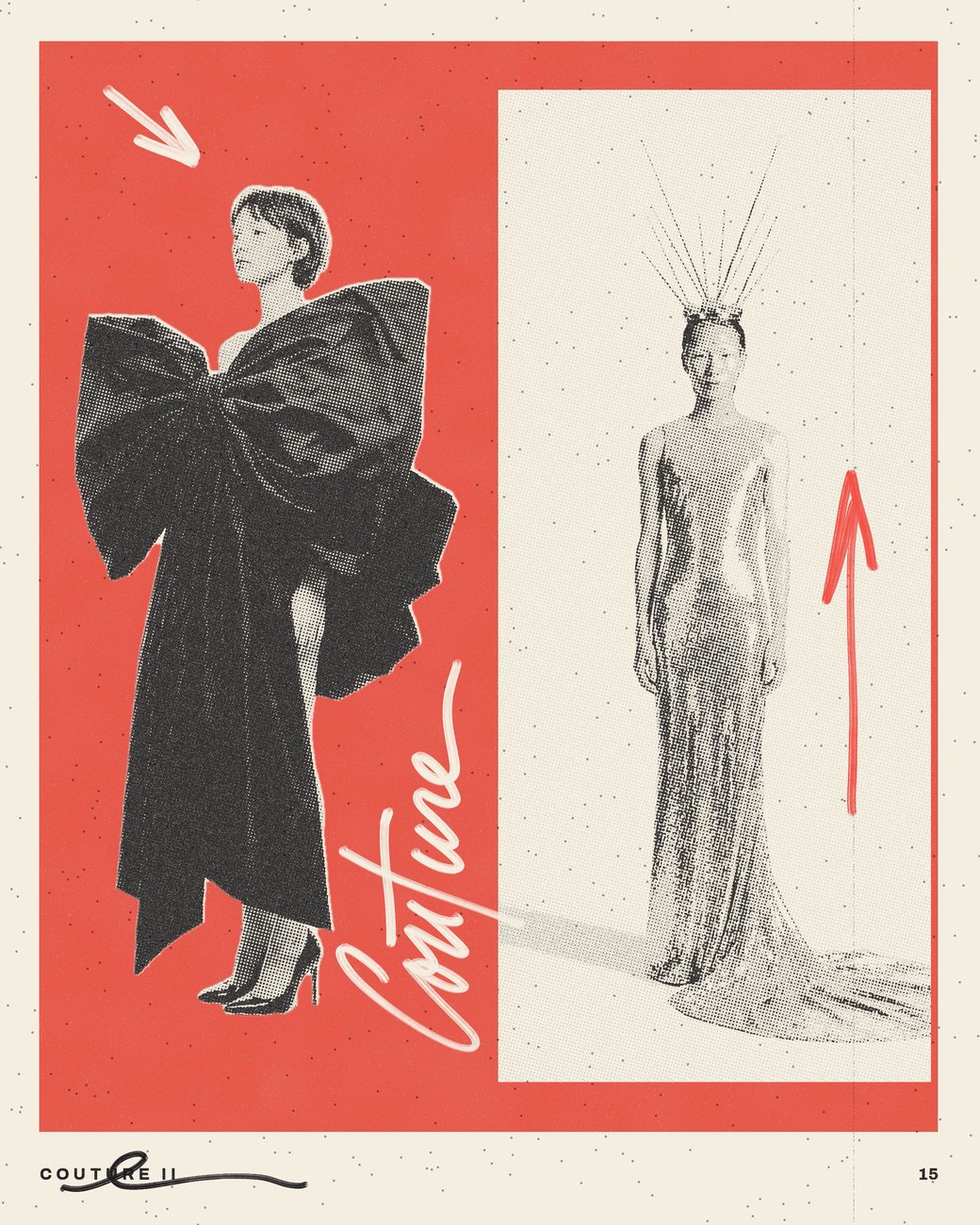 Couture II, 15: a woman in a black bow dress on red beside a figure in a silver gown, Couture in white script