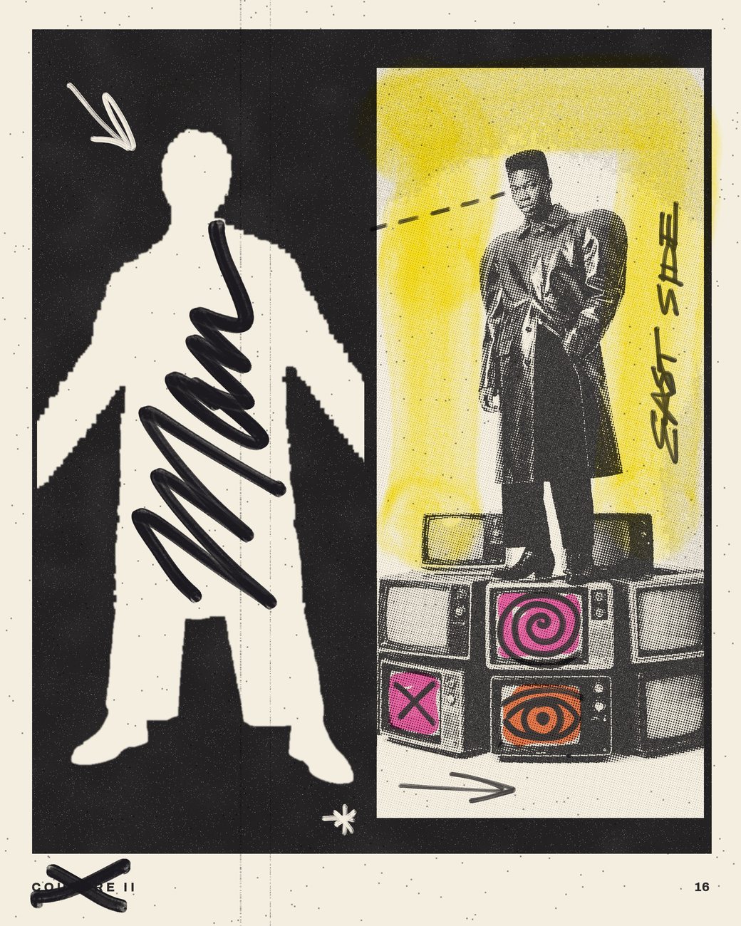 Couture II, 16: a white silhouette with Man written in it, beside a man standing on a stack of TVs