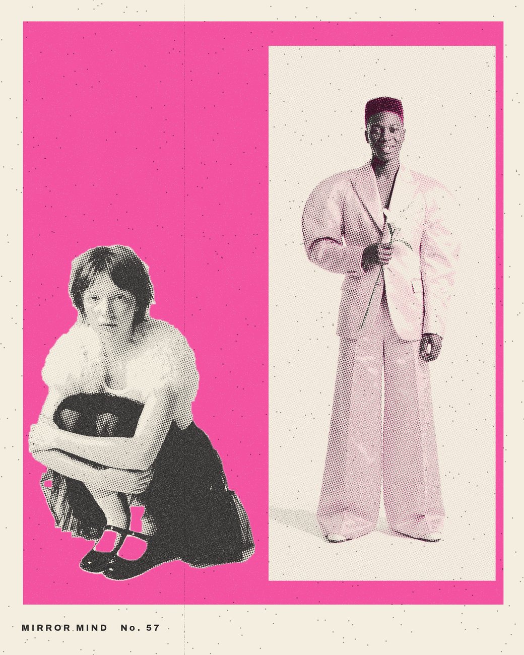 Mirror Mind, No. 57 before the lettering: a hot pink panel, a woman crouching in pink feathers beside a man in a pink suit