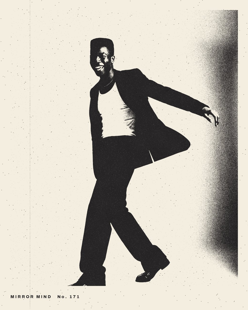 Mirror Mind, No. 171 before the lettering: a man in a black suit mid dance, a xerox silhouette on bone