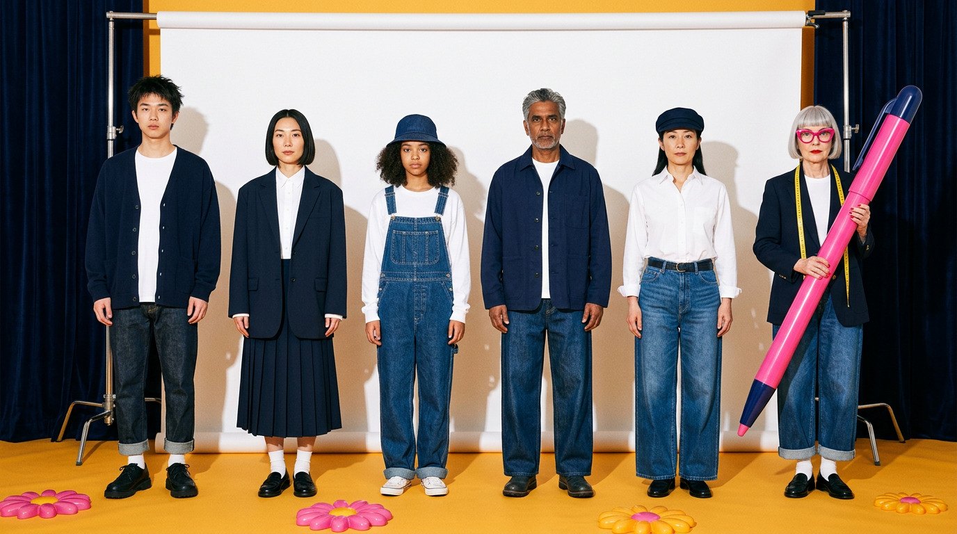 Six people of different ages in Old Navy denim and navy, lined up in front of a white backdrop, The Edit stylist at the end holding a giant pink pen