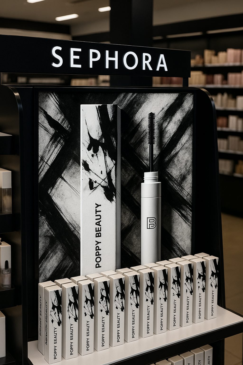 Poppy Beauty mascara fixture concept at Sephora
