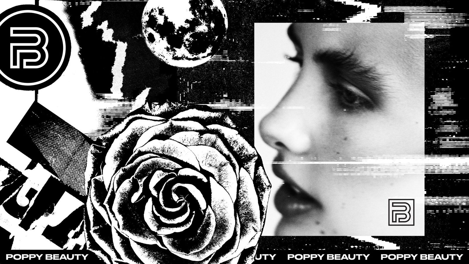 Black-and-white collage pattern with rose and monogram