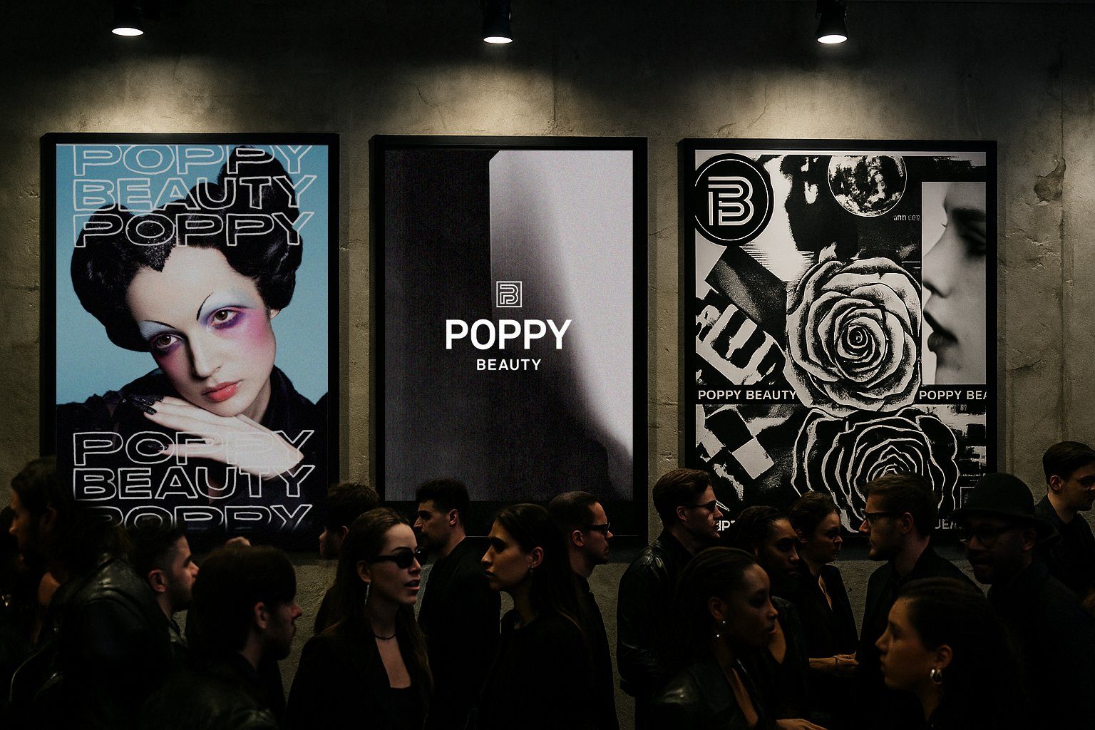 Poppy Beauty posters at an evening event