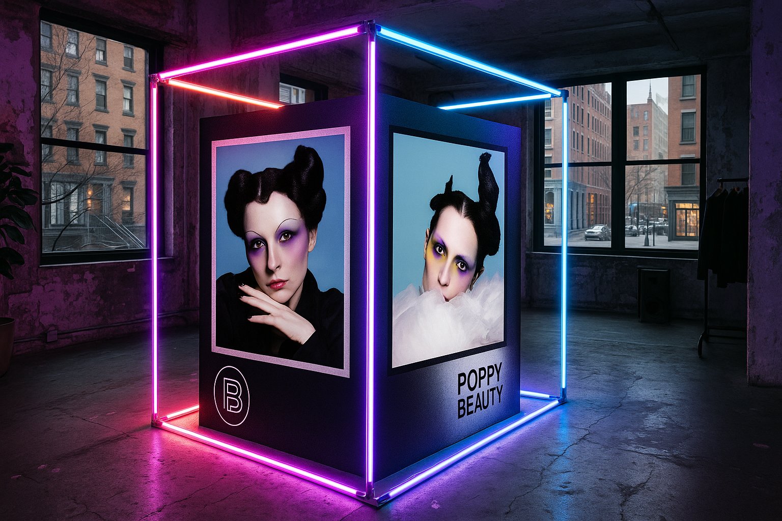 Poppy Beauty display cube lit in neon