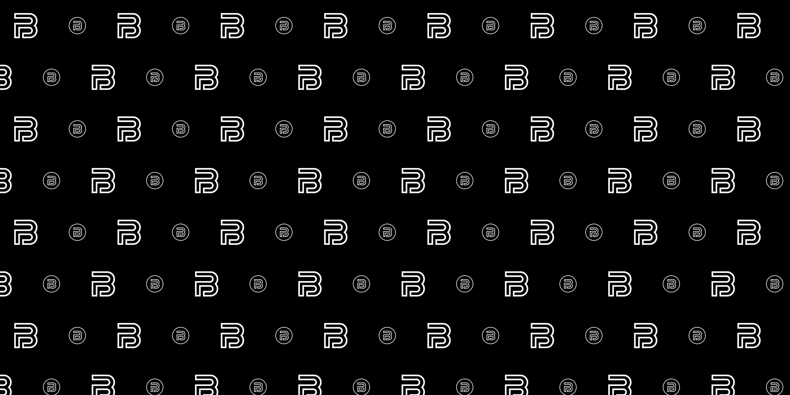 The PB monogram and seal repeated as an all-over print, white on black