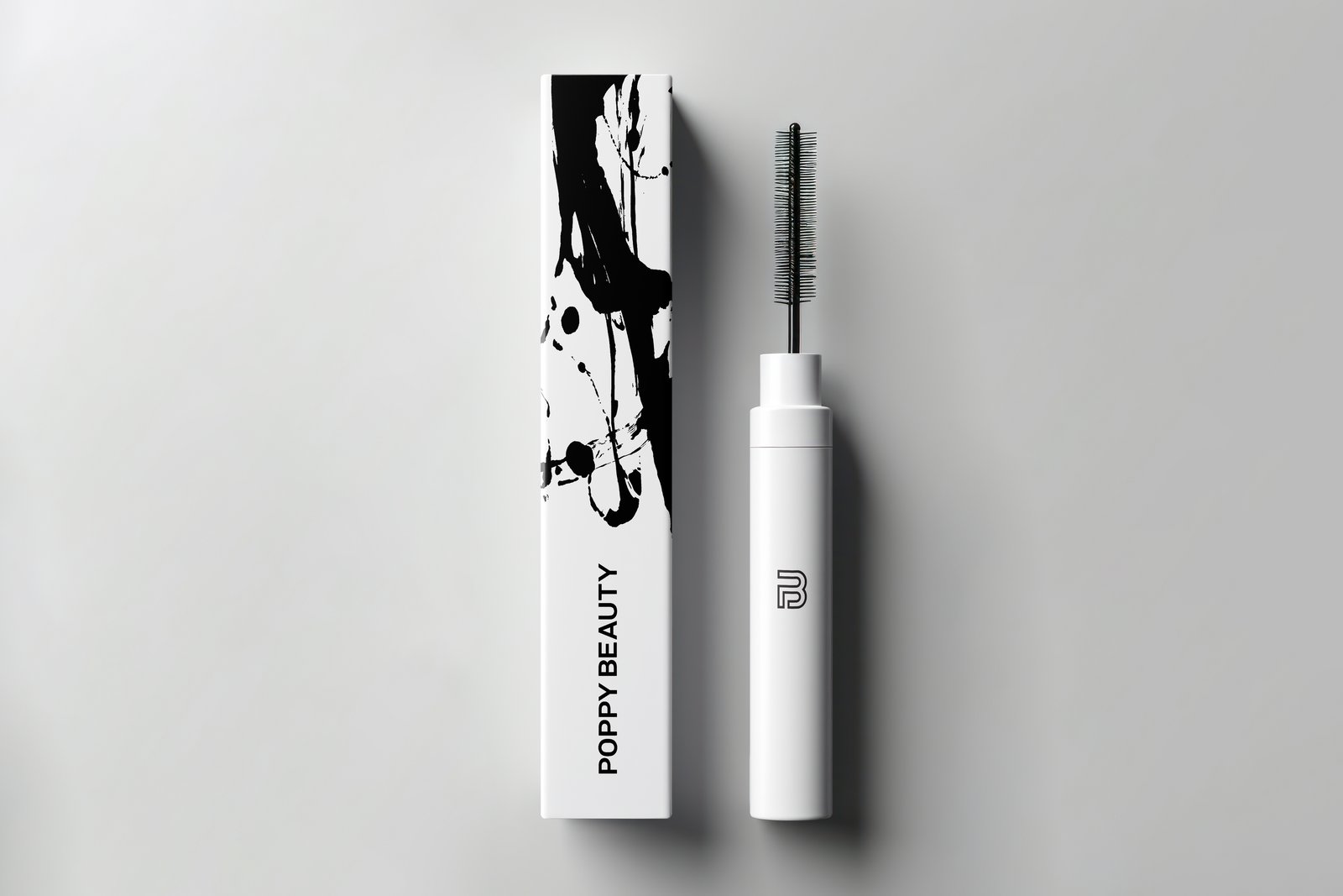 Poppy Beauty mascara, white tube with the PB mark