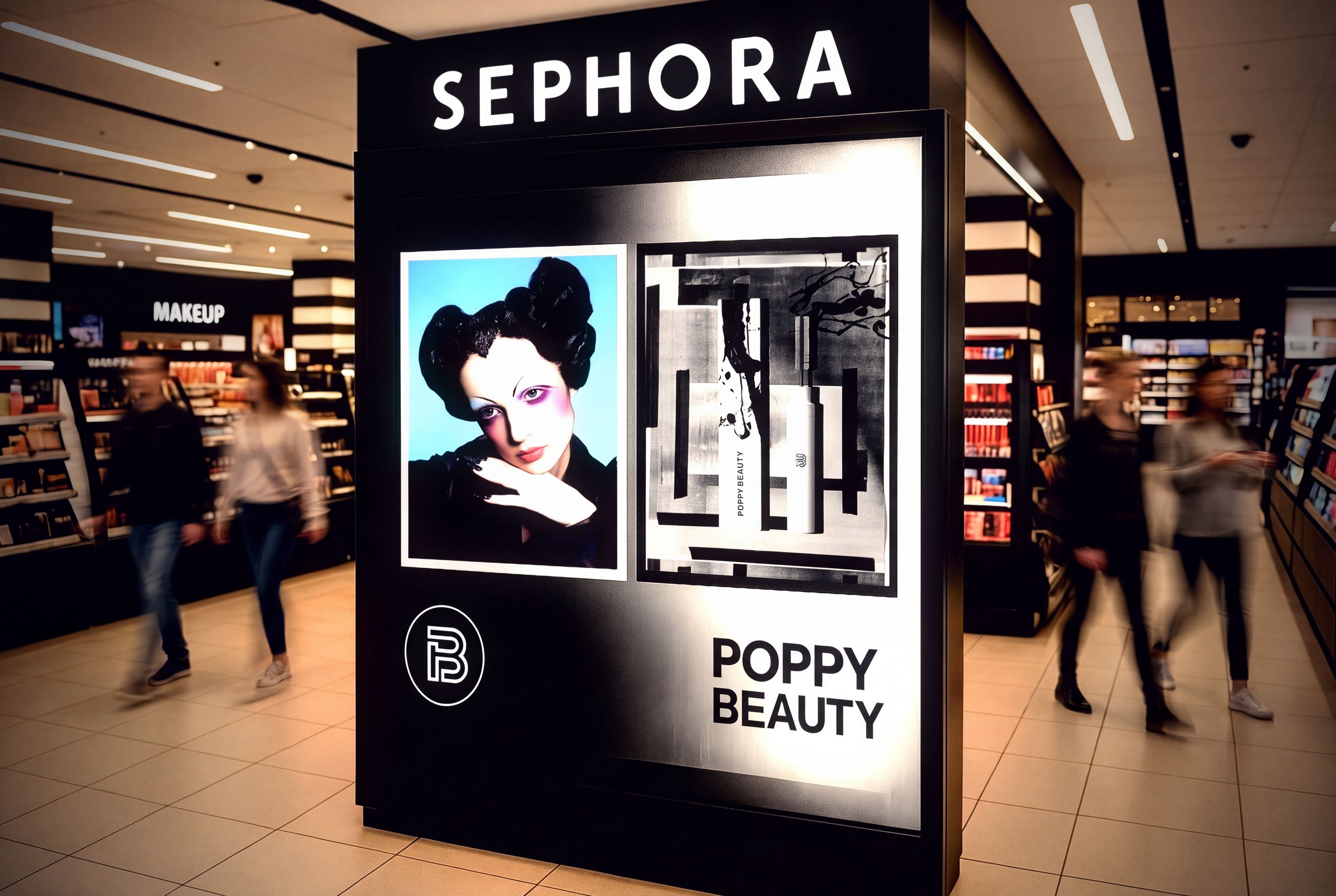 Poppy Beauty endcap concept at Sephora, with shoppers blurred as they pass
