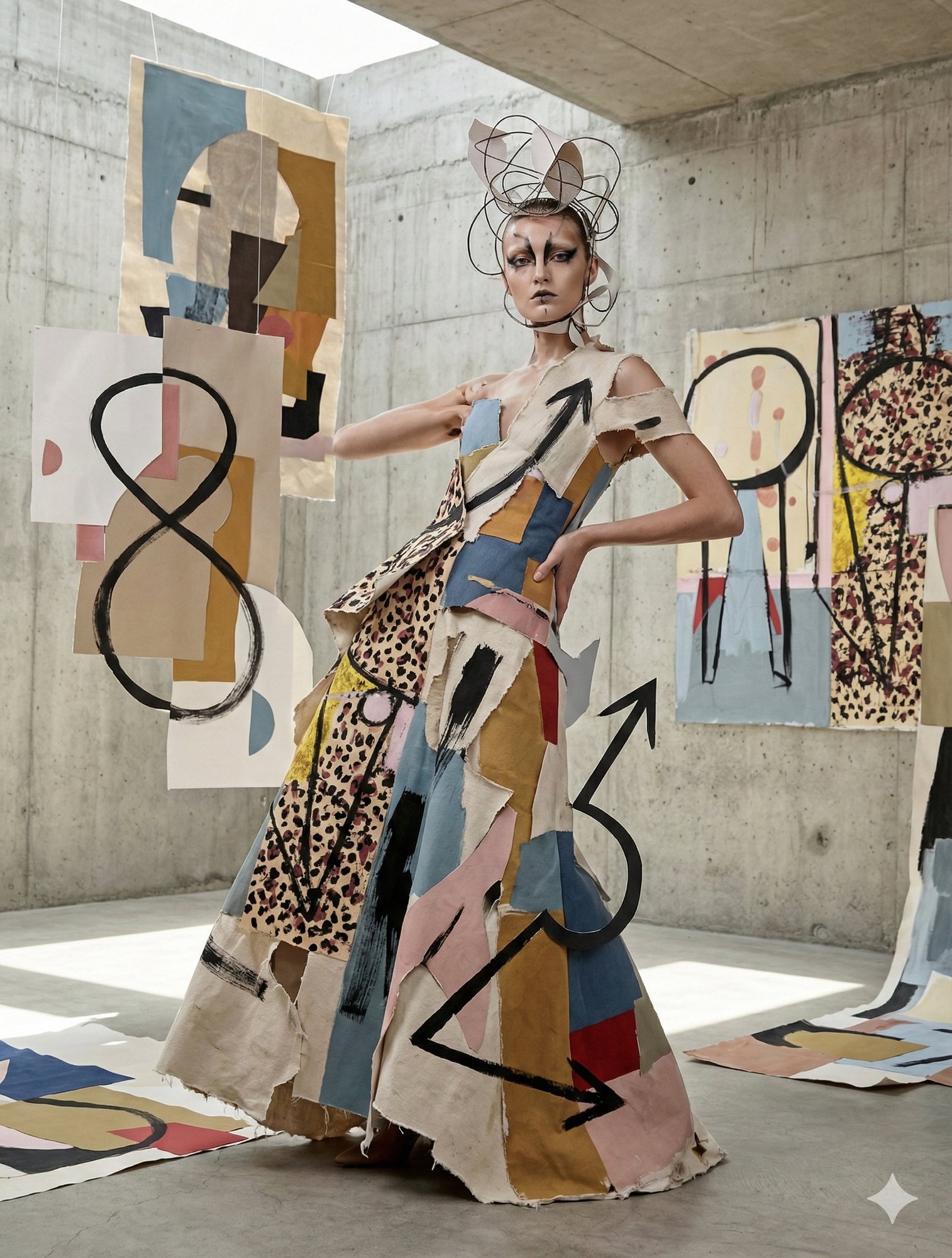 A model in a gown made from the collage, leopard print and torn paper with a black figure eight, a wire headpiece, in a concrete studio hung with collage panels