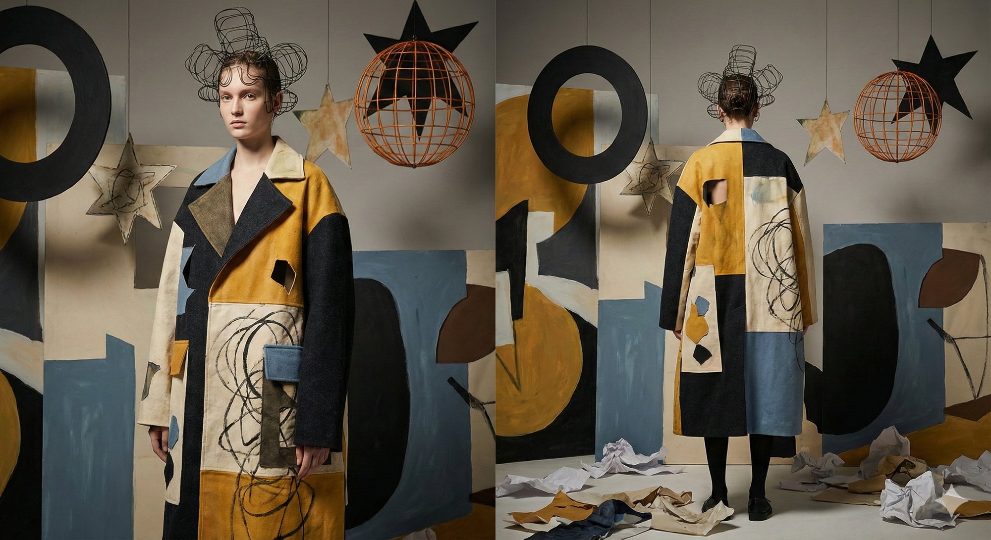 Front and back of a patchwork coat in mustard, navy and cream with drawn scribbles, a wire headpiece, against painted circles and stars