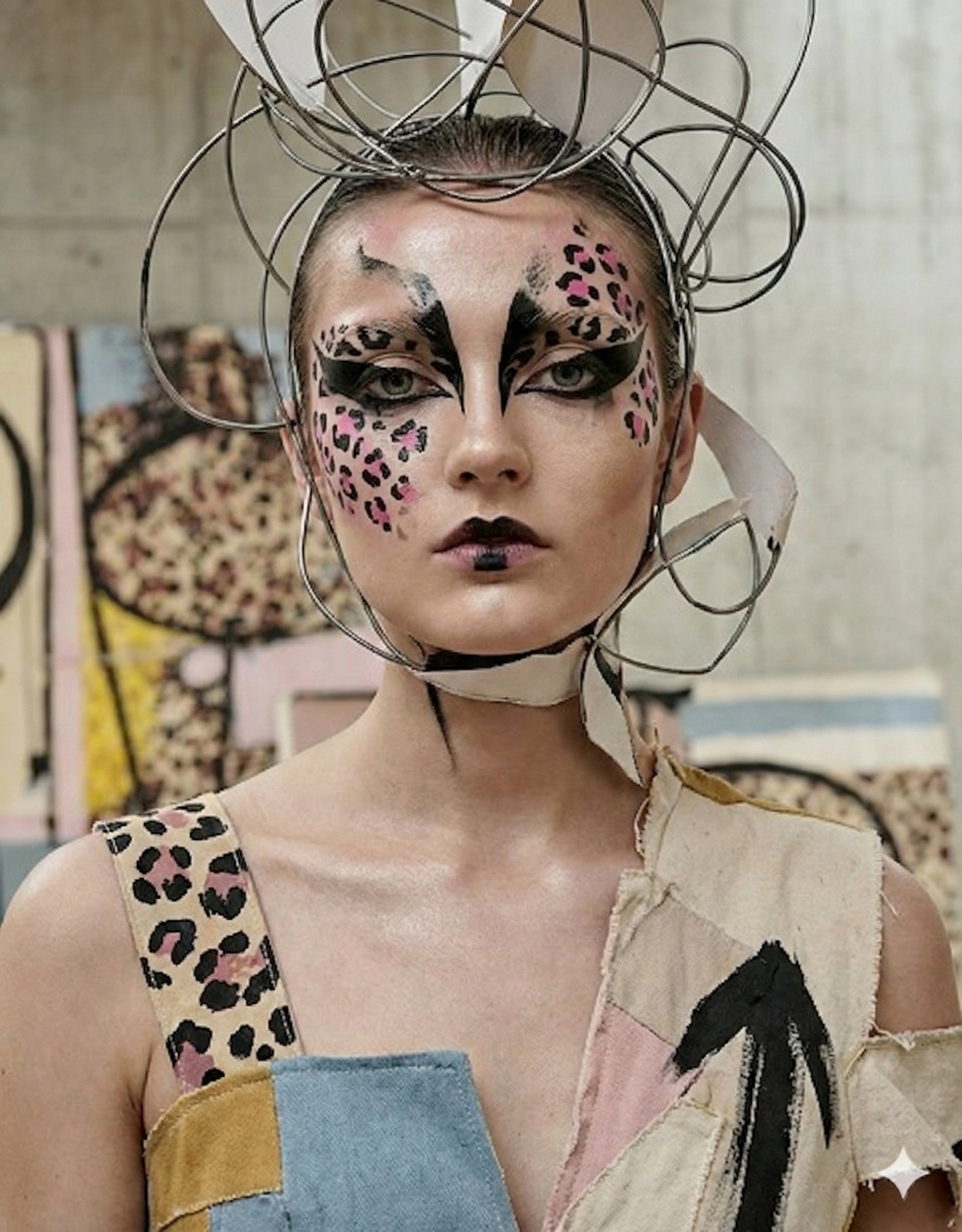 Close up: black graphic eyes and pink leopard spots painted on the face, a wire headpiece, a collaged dress