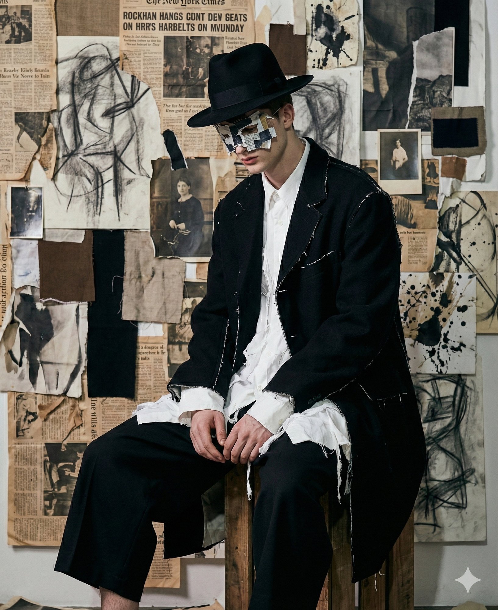 A man in a black hat and coat, his face painted, seated in front of a wall of newspaper, charcoal drawings and collage