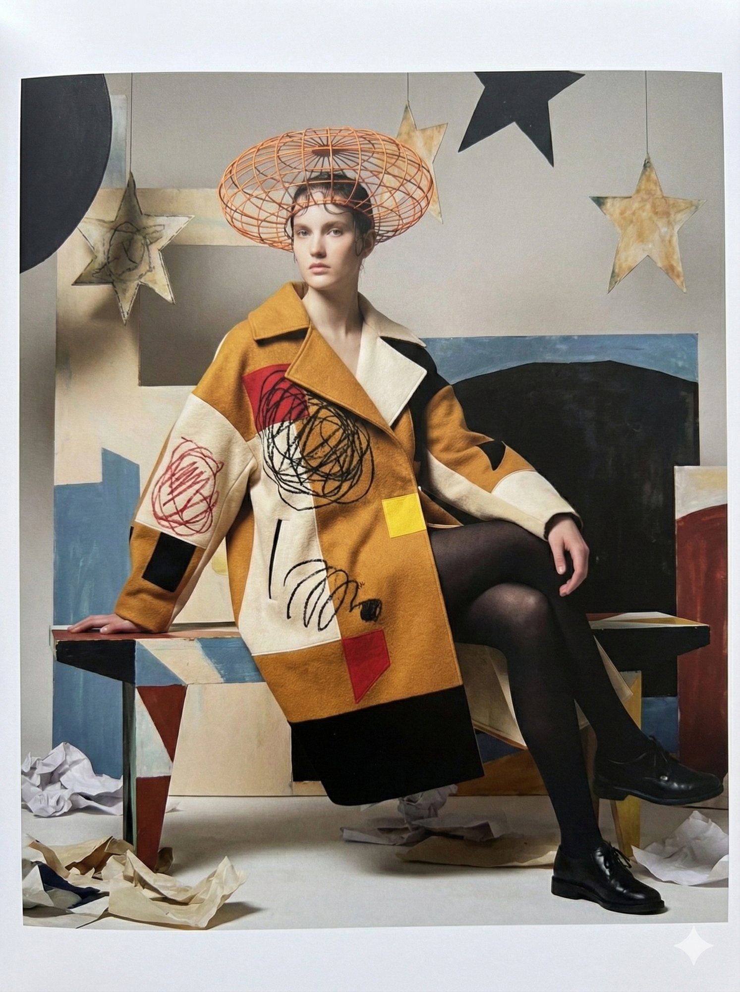 A model seated on a bench in a mustard patchwork coat drawn over with scribbles, an orange wire hat, against painted stars
