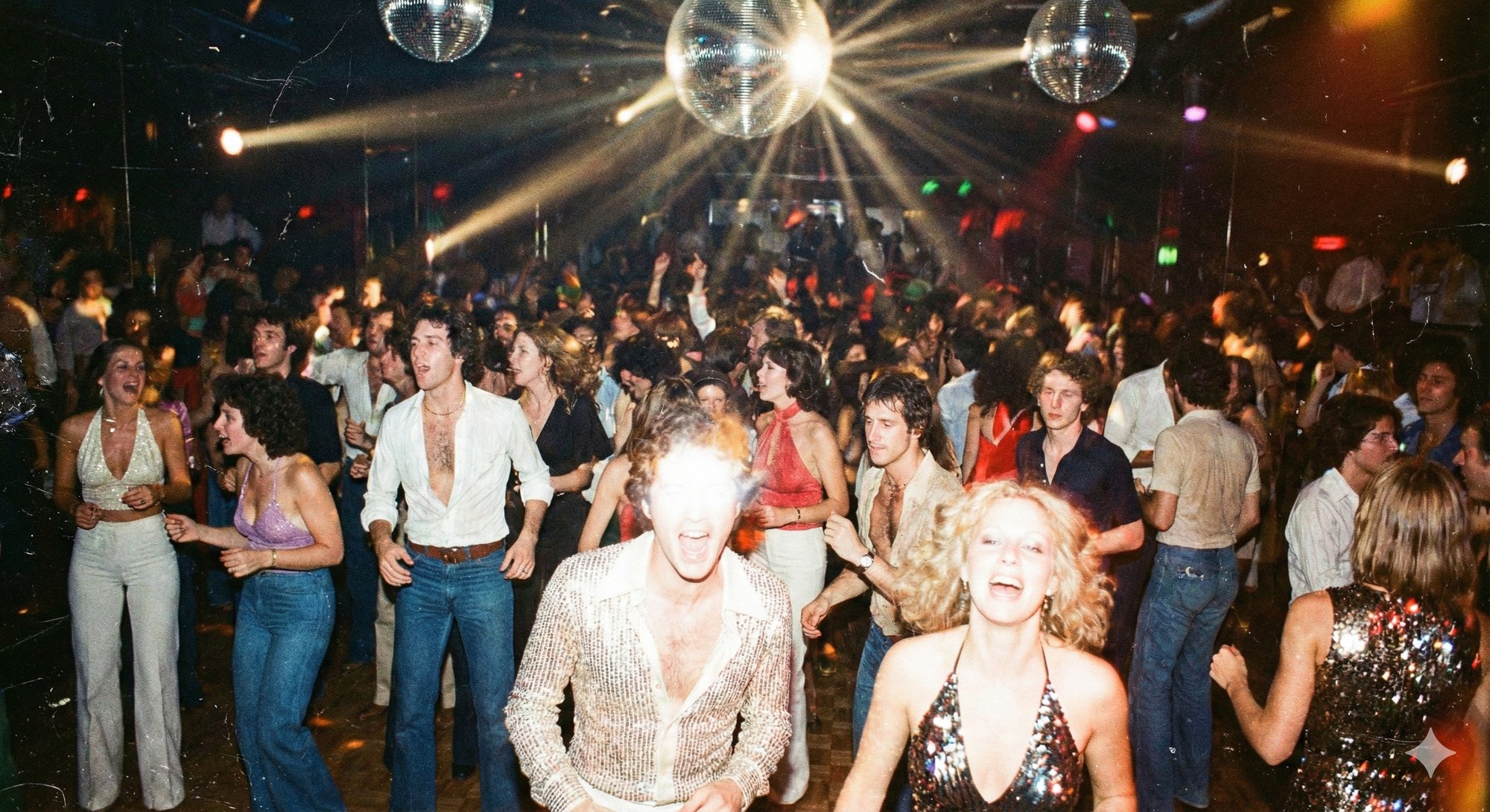 A packed disco floor under mirror balls and spotlights, dancers in sequins, satin shirts and flared jeans