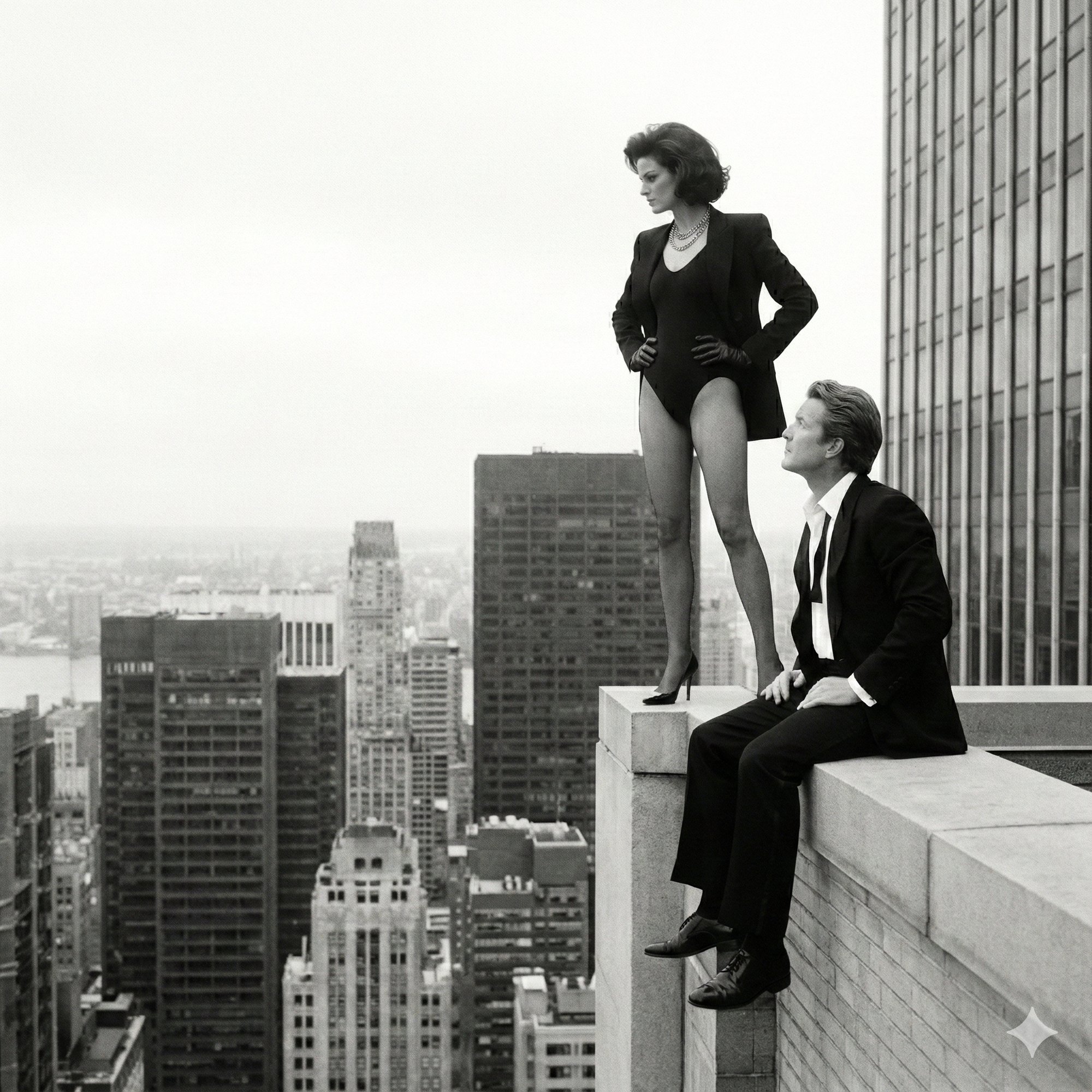Black and white: she stands on a skyscraper ledge in a bodysuit and heels, the man sitting on the edge beside her, Manhattan below