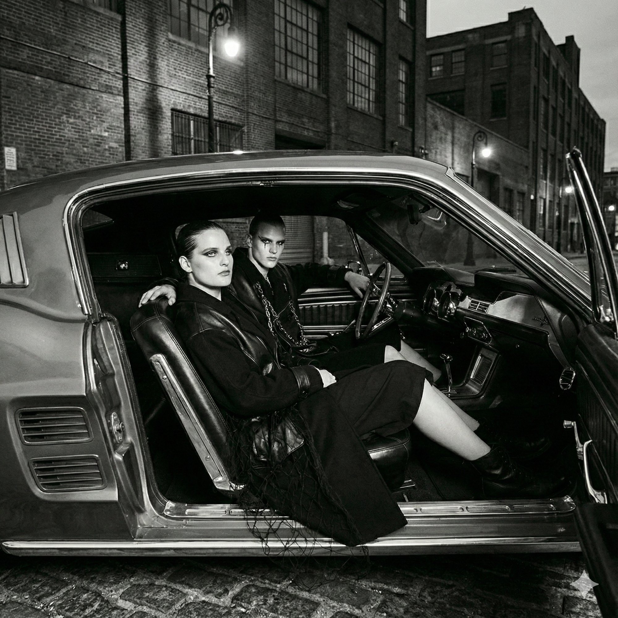 Black and white: two people in black leather in a vintage car on a cobbled street at dusk
