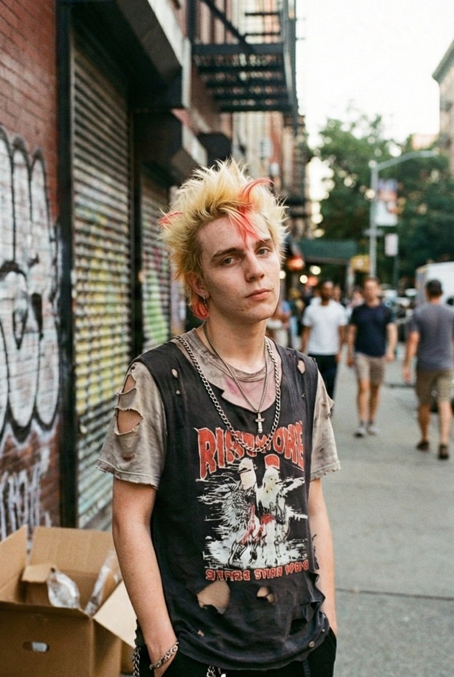 A punk with bleached spiked hair streaked red, in a torn band tank and chains, on an East Village sidewalk