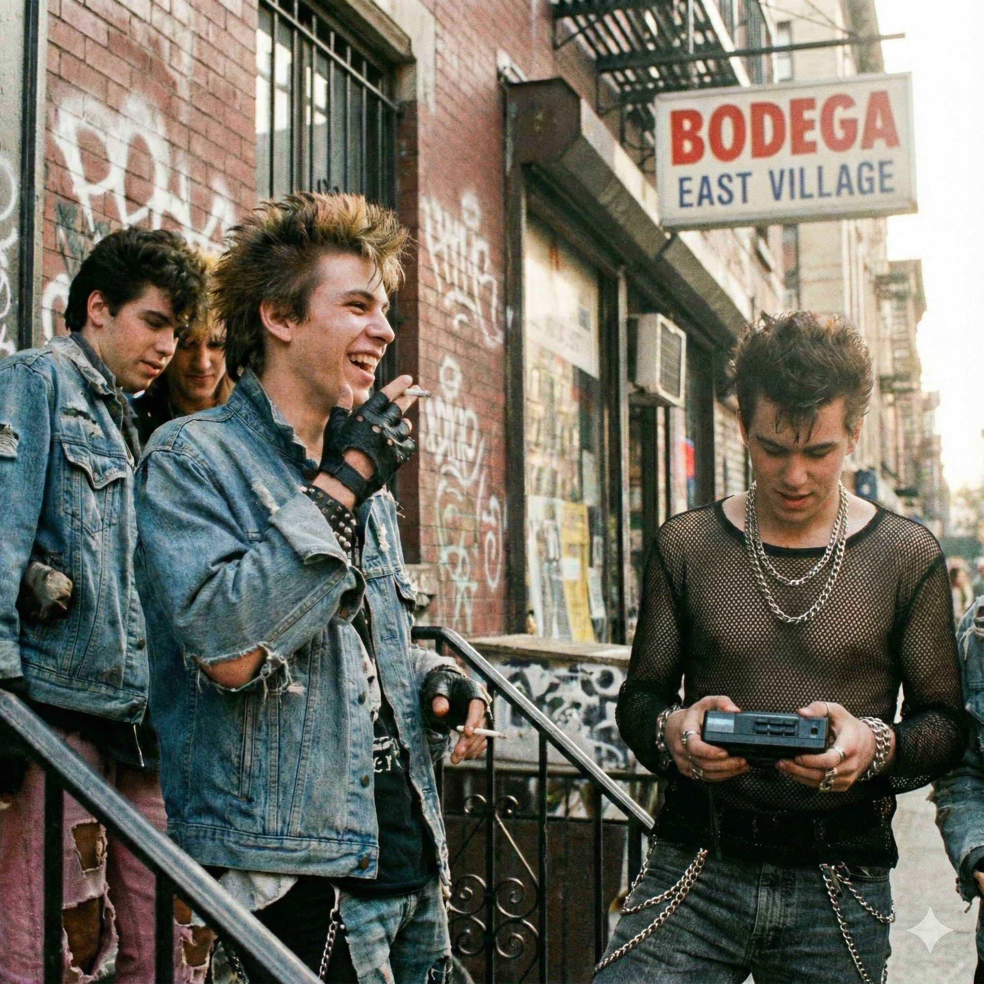 Three punks in denim and fishnet on a stoop under a Bodega East Village sign, one laughing with a cigarette
