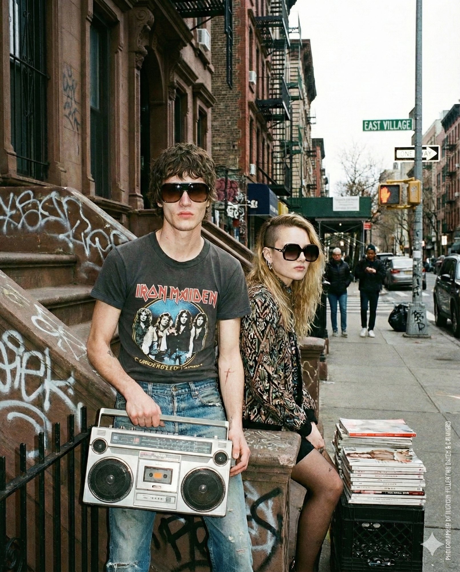 A boy in an Iron Maiden tee and big sunglasses with a boombox on a brownstone stoop, a girl in sunglasses beside him