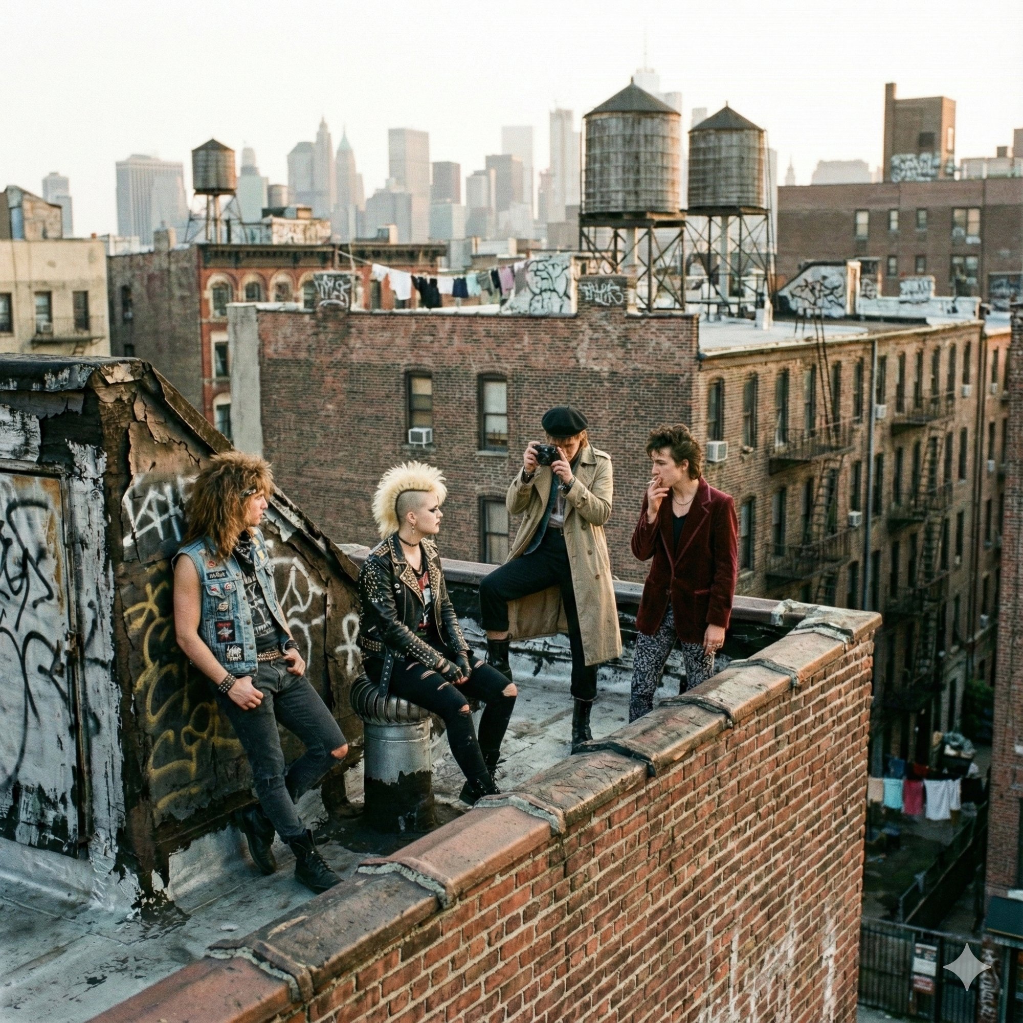 Four punks on a tar roof among water towers, the downtown skyline behind them