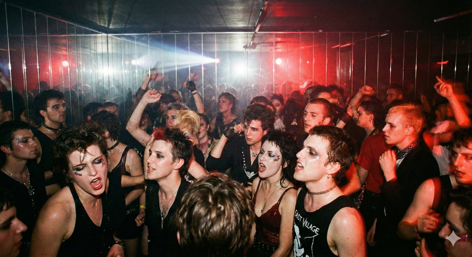 A packed punk club in red light: smudged eyeliner, black tanks, raised fists