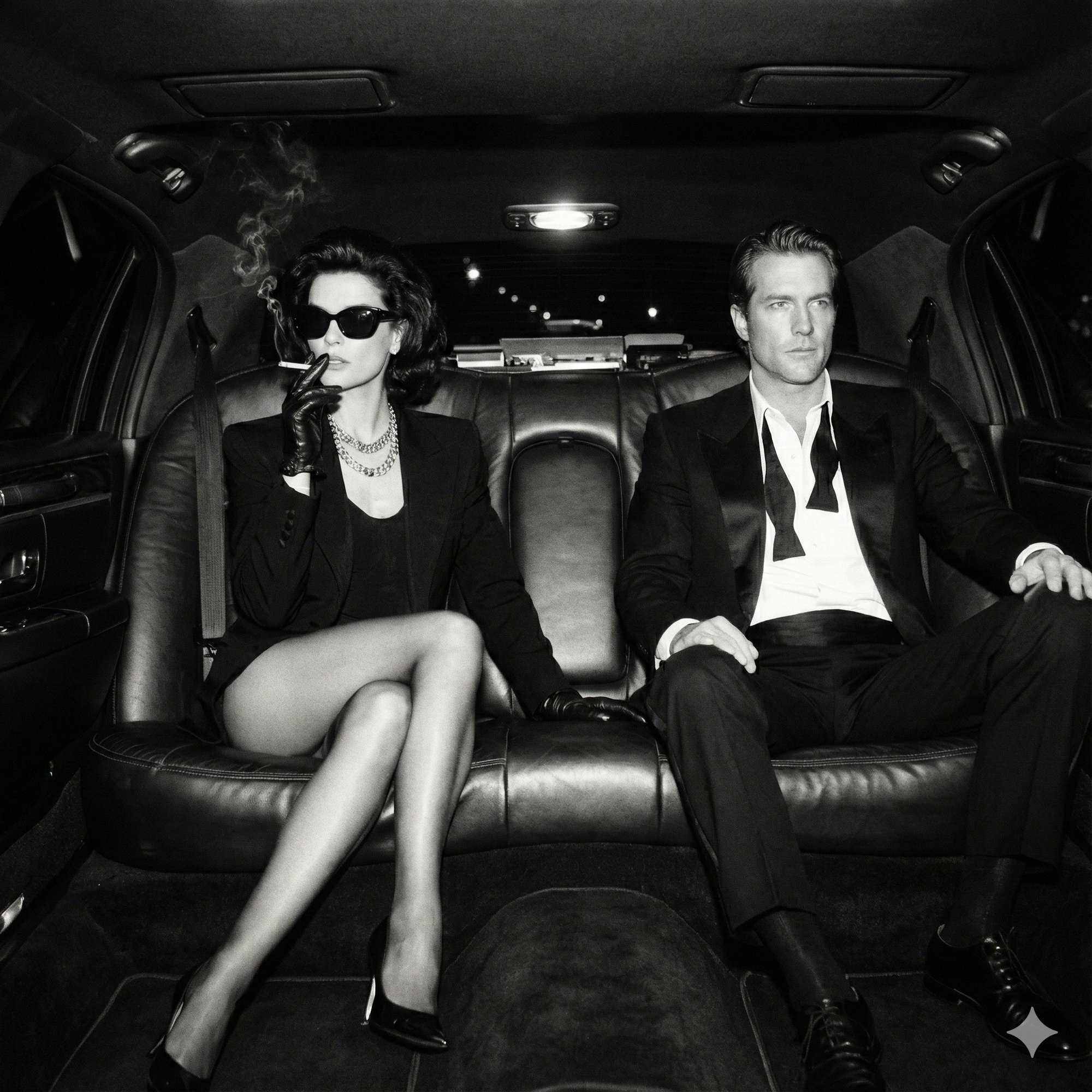 Black and white: the couple in the back of a limousine, she smokes in sunglasses and gloves