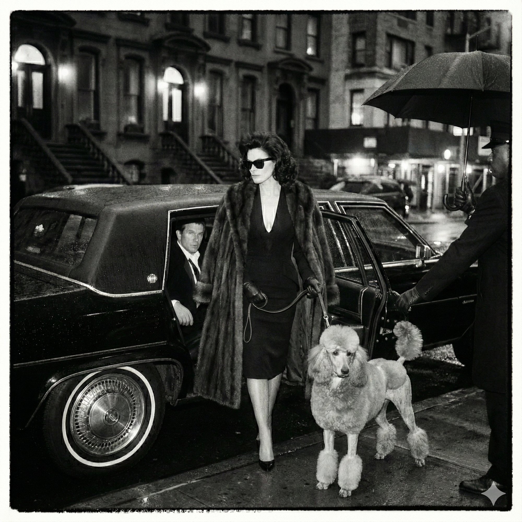 Black and white: she steps out of a limousine in a fur coat with a poodle on a lead, a chauffeur holding an umbrella in the rain