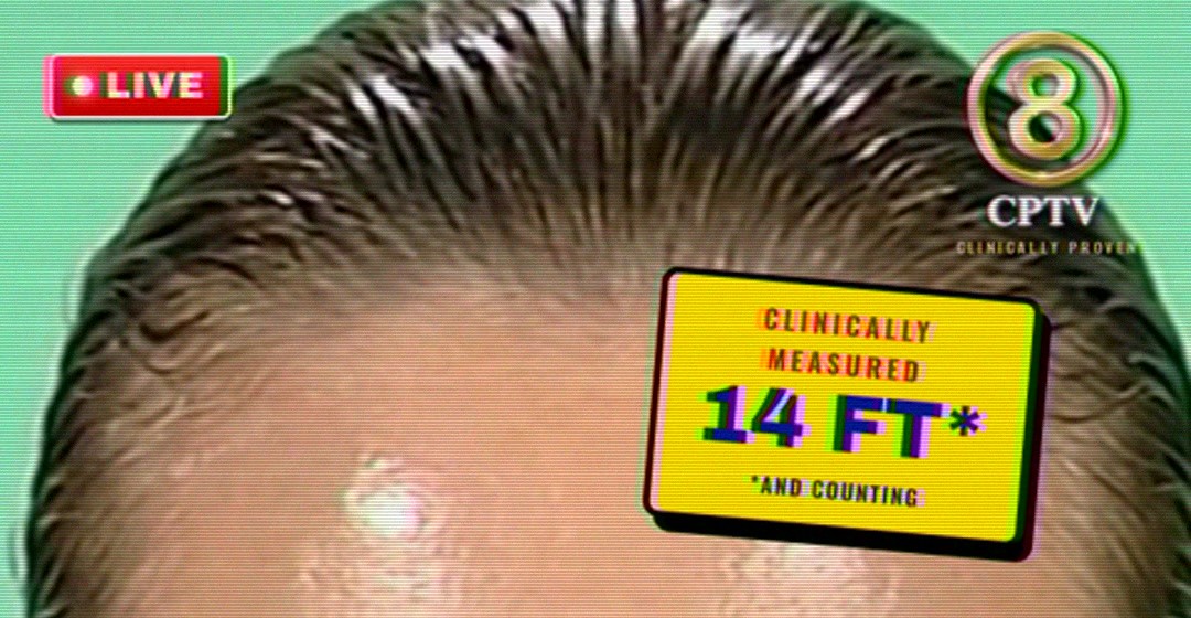 The LIVE tag, the CPTV 8 bug and the claim tag Clinically measured 14 ft and counting, over slicked back hair