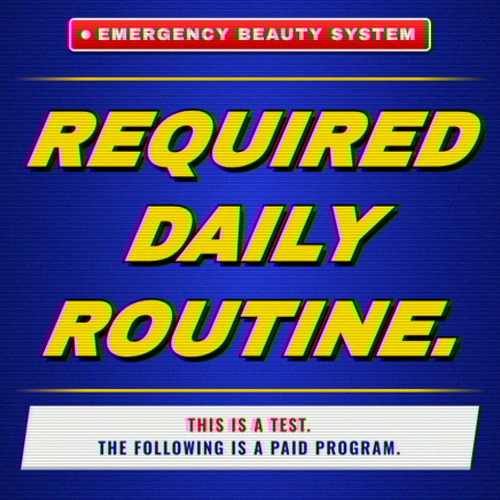 The intro card: Emergency Beauty System, Required daily routine, This is a test, the following is a paid program