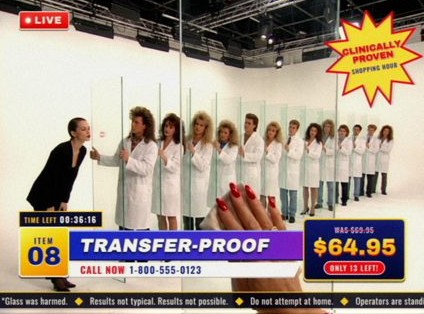 Style frame, item 08, Transfer-Proof: a model kisses a glass panel in front of a line of lab coat assistants behind glass