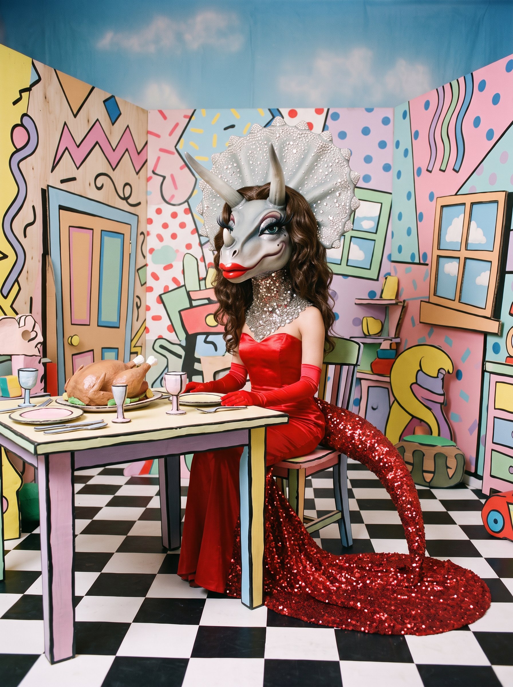 Cindy Crawfossil, a triceratops in lacquer red with a rhinestone frill, at the dinner table