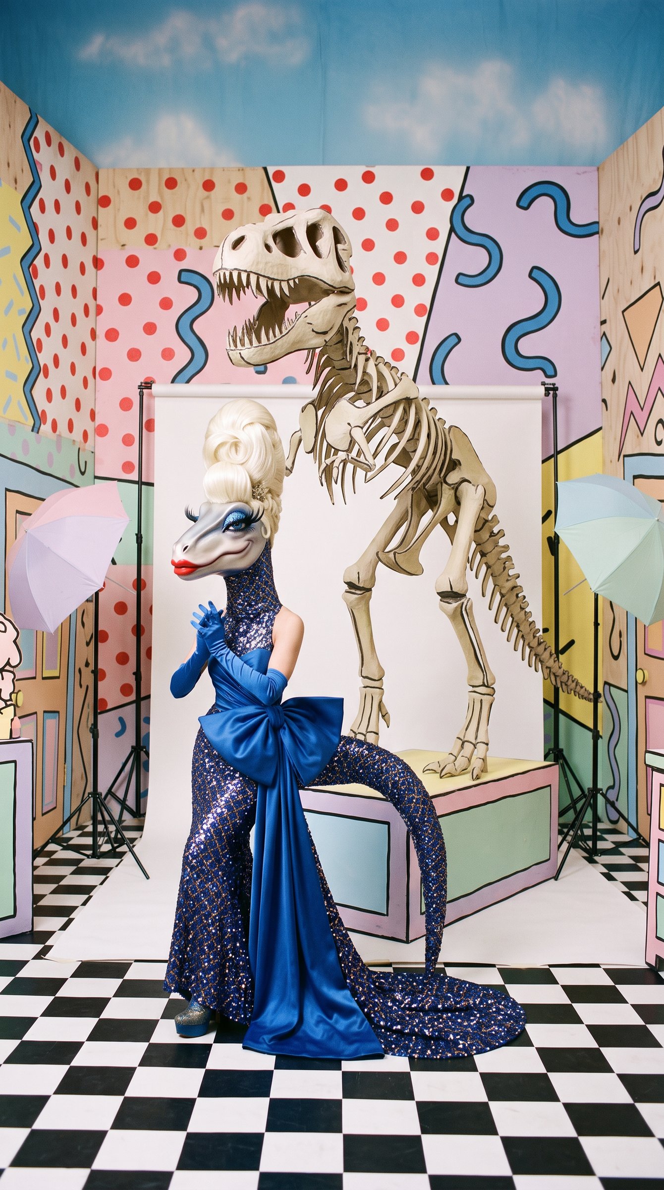 Episode 01, shot 2: Tyra in front of her own skeleton, matching its pose