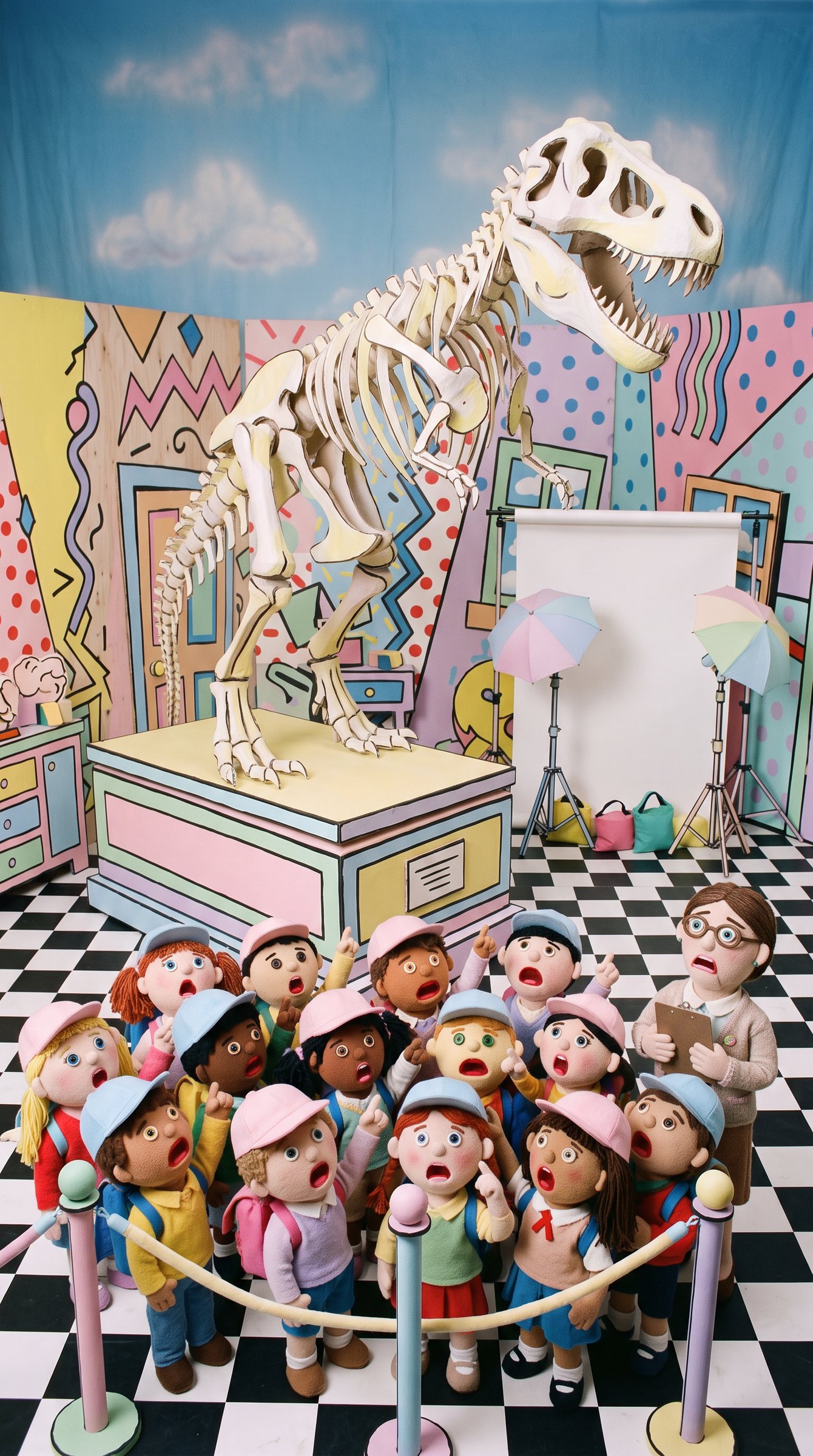 Episode 01, shot 4: a puppet field trip arrives at the rope and points