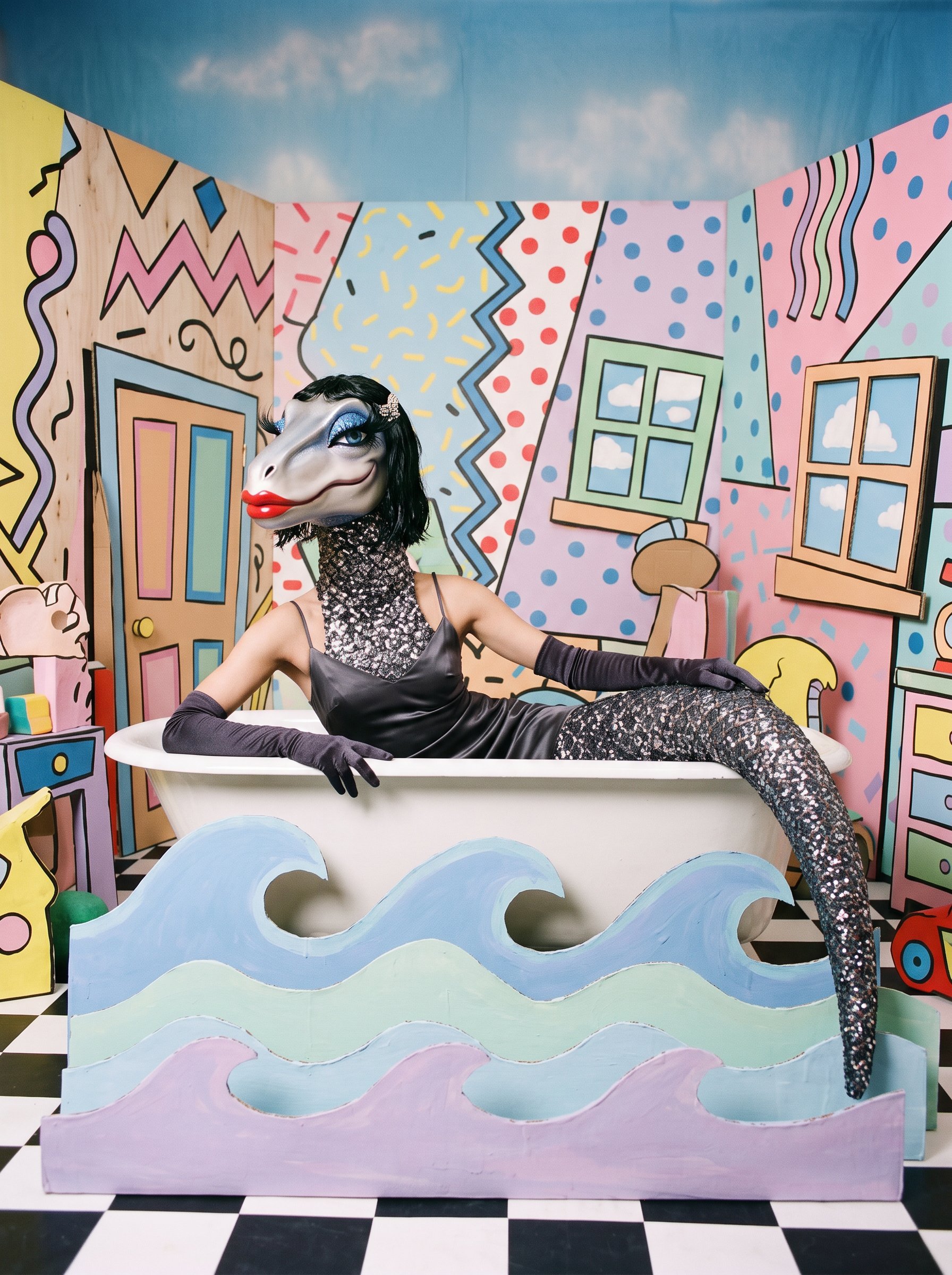 Kate Mosasaurus in a wet slip dress, lounging in a clawfoot tub in front of cardboard waves