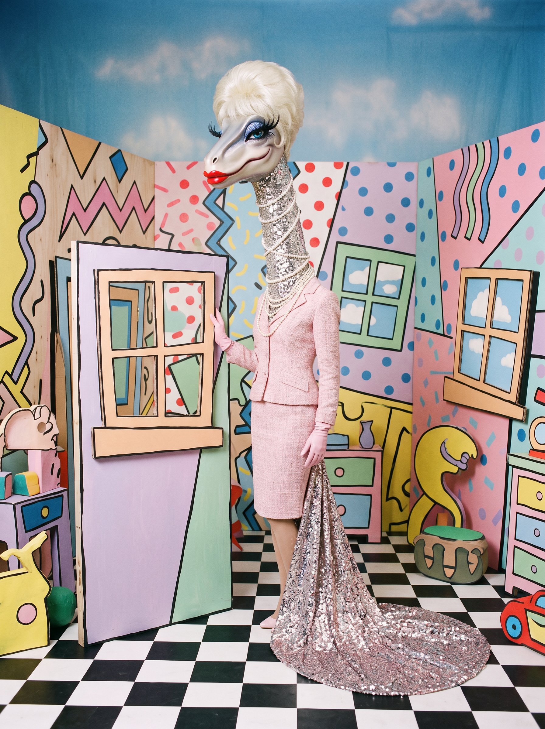 Linda Evangelisaurus, a brachiosaurus in powder pink tweed with pearls wound up her neck, by the Playhouse window
