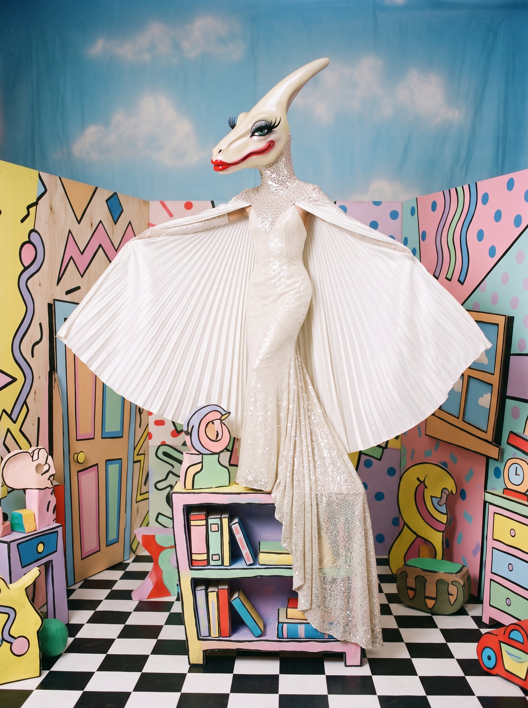 Terri Dactyl, a pterodactyl with a red beak, her wings a pleated white couture cape, above the bookshelf
