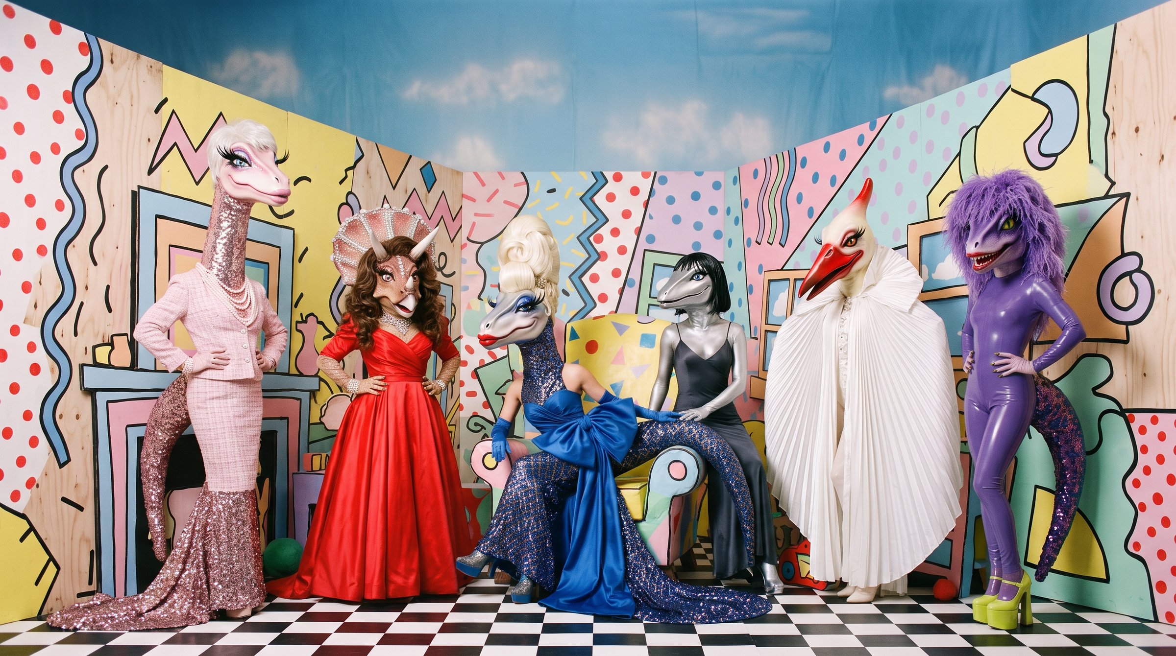 The six queens of House of Extinction posed together in the Playhouse: pastel painted plywood walls, a painted sky and a checkerboard floor
