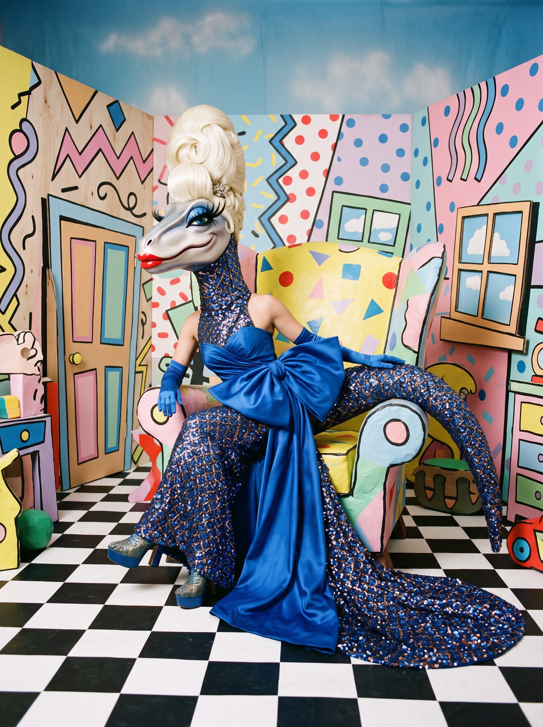 Tyra Saurus Rex in a cobalt bow gown and sequin tail, seated in the Playhouse living room