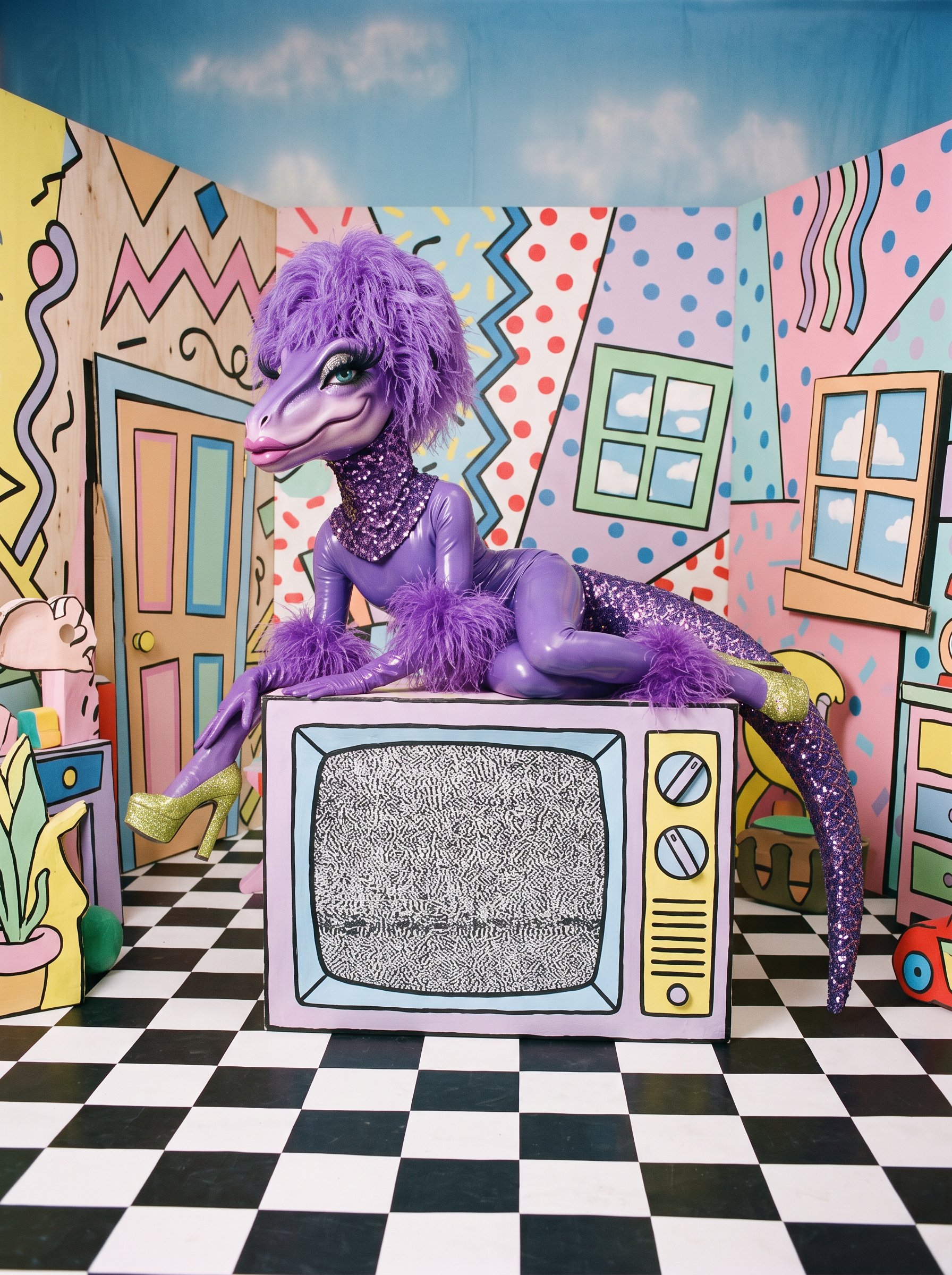Velocirapture in violet latex and feathers, draped across a television set